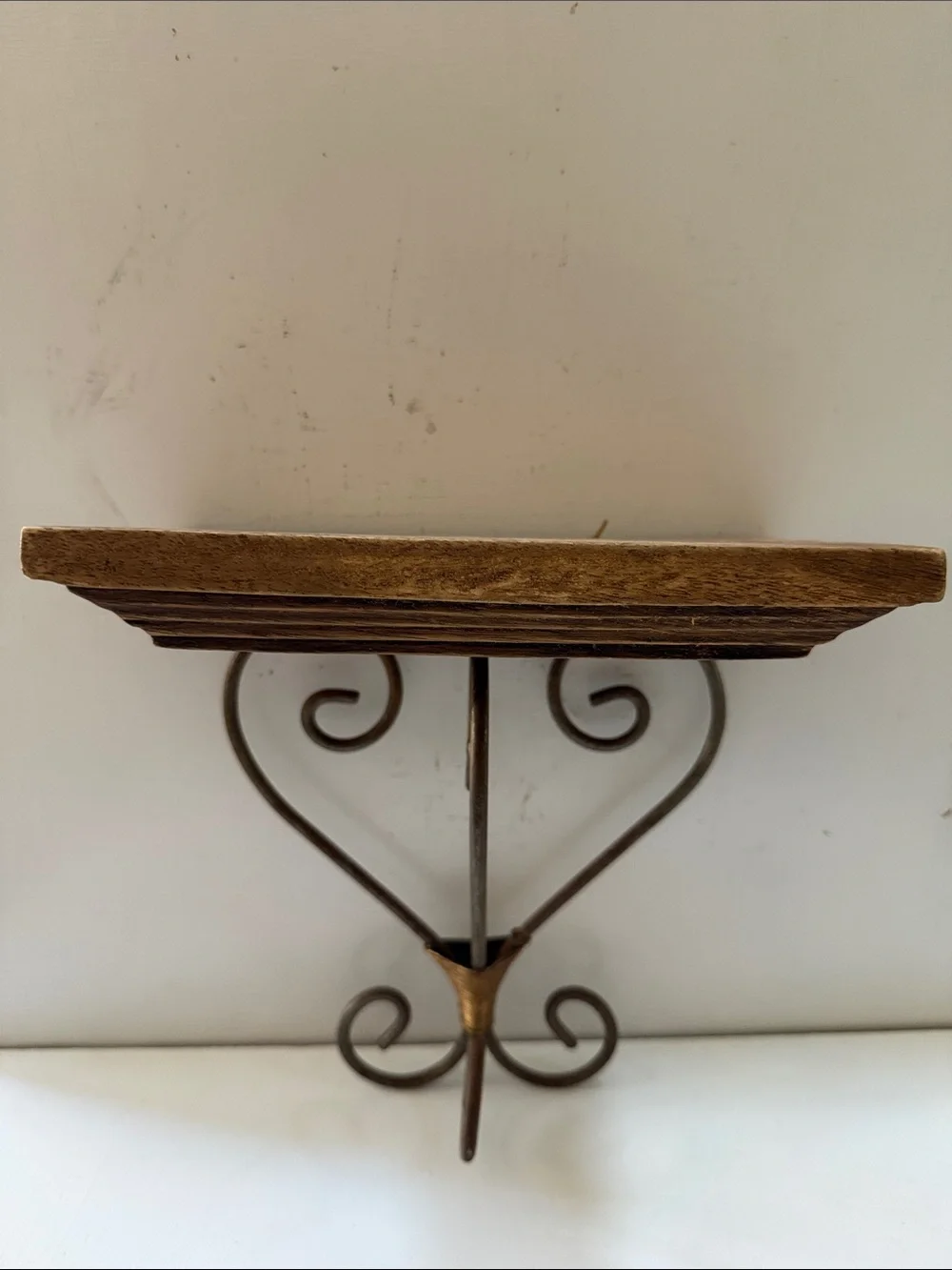Brown Solid Wood and Metal Wall Shelf with Decorative Scroll Bracket Vintage